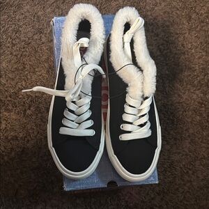 Women's Black and White Fur-Lined Sneakers